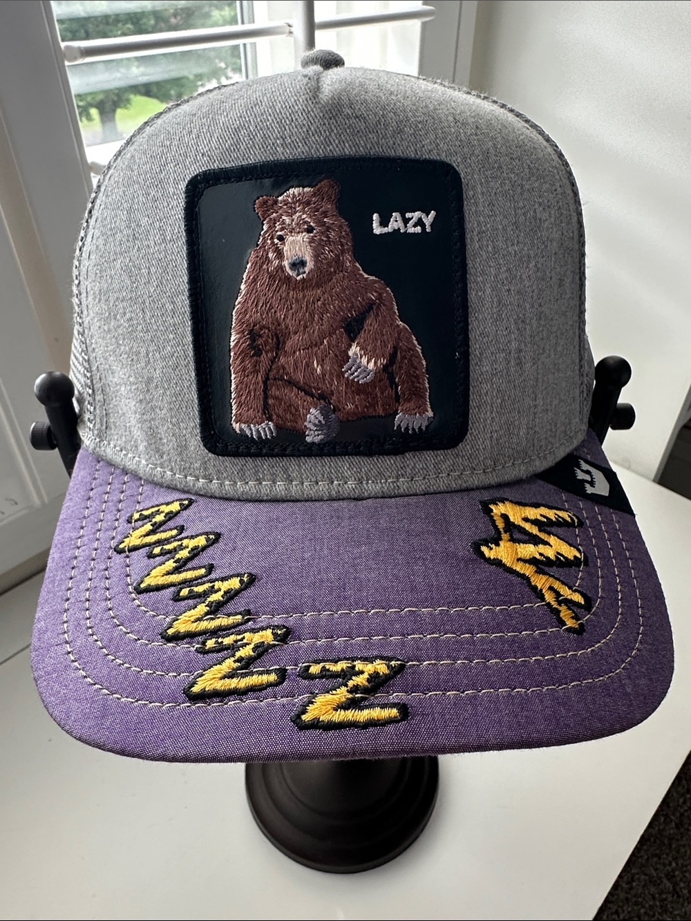 Goorin Bros Grey & Purple Bear Patch Cap with Yellow Stitching